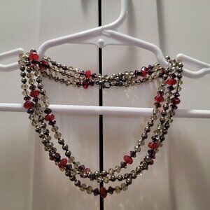 Vintage Red Necklace Gray Burgundy Beaded Crystal Cut Boho Chic 24, 12, 8 inches